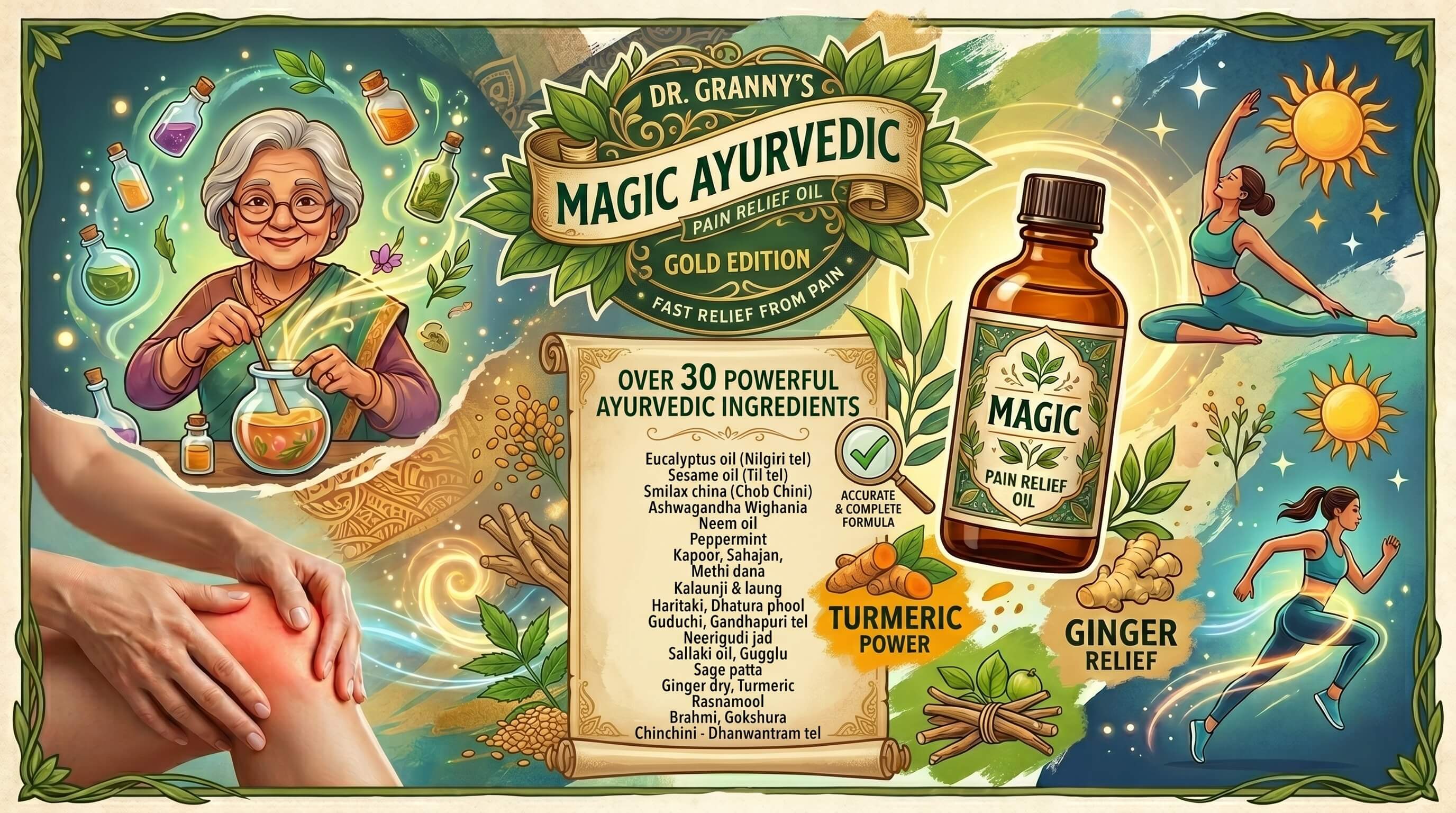 Dr. Granny's Magic™ Ayurvedic Pain Relief Oil bottle with herbs — Boswellia, Nirgundi, Ashwagandha, Turmeric